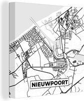 Canvas Schilderij Stadskaart – Zwart Wit - Kaart – Nieuwpoort – België – Plattegrond - 90x90 cm - Wanddecoratie