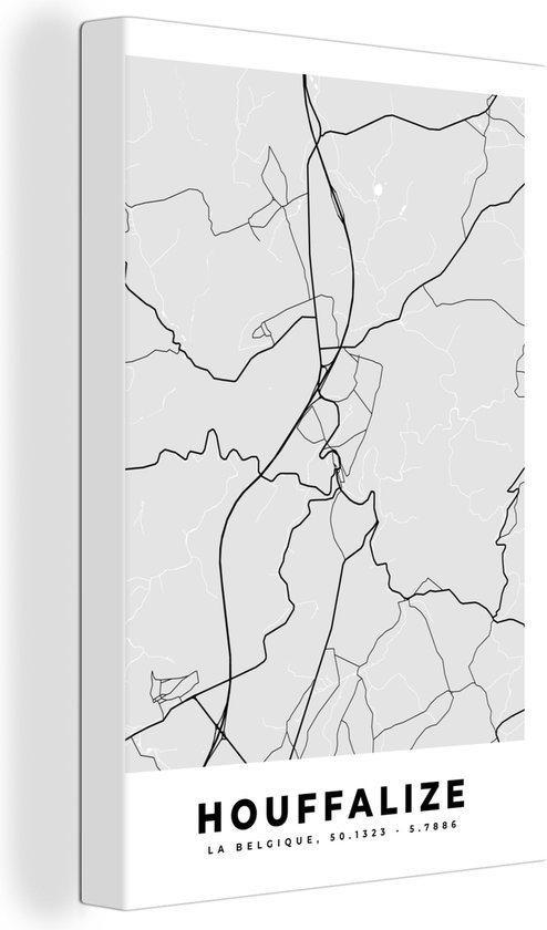 Canvas Schilderij Zwart Wit – België – Plattegrond – Stadskaart – Kaart – Houffalize - 40x60 cm - Wanddecoratie