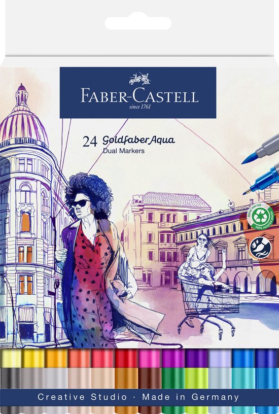 Doos met 24 Faber-Castell Goldfaber Aqua dual markers in diverse kleuren, met illustratie van een stad en modieuze figuren.