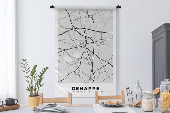 Tapisserie - Tapisserie - Plan de Ville - Carte - België - Zwart Wit - Genappe - Carte - 90x135 cm - Tapisserie