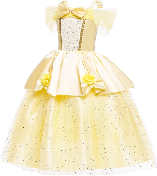 Robe Joya Beauty® Belle Dress Up | Princesse Robe | Déguisements La Belle et la Bête | Taille 116-122 (120) + couronne, bâton, Gants, collier, Ring et boucles d' Boucles d'oreilles GRATUITS