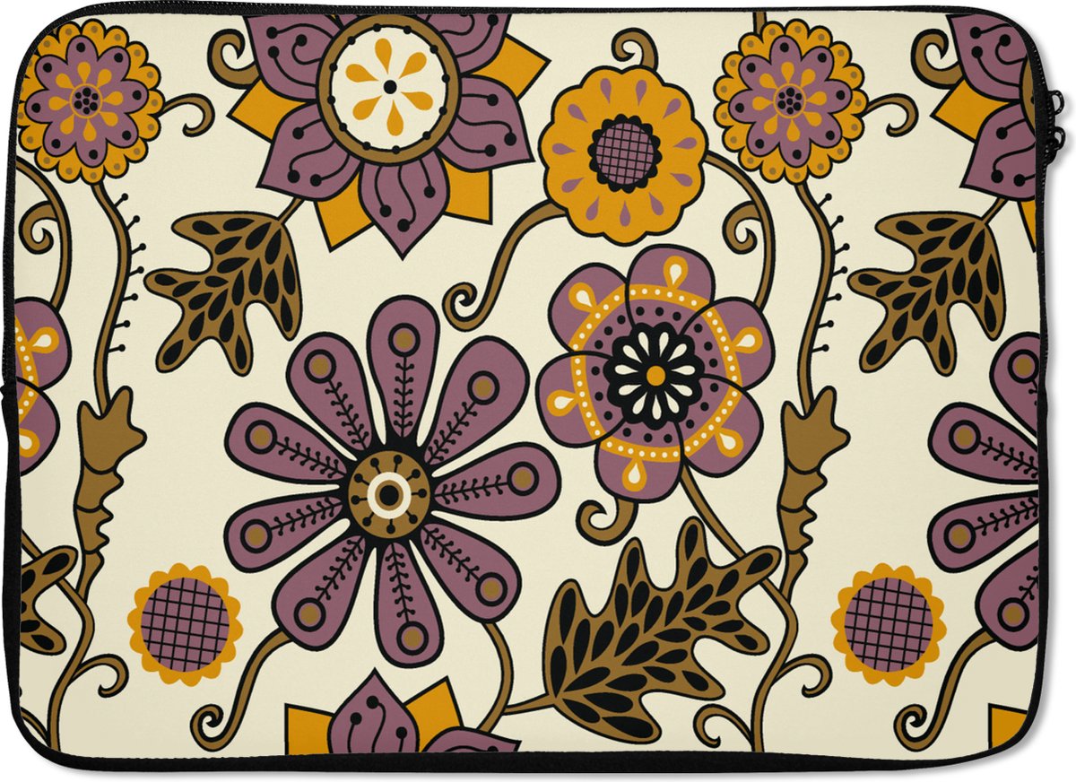 Laptophoes 13 inch - Bloemen - Bohemian - Vintage - Cartoon - Laptop sleeve - Binnenmaat 32x22,5 cm - Zwarte achterkant