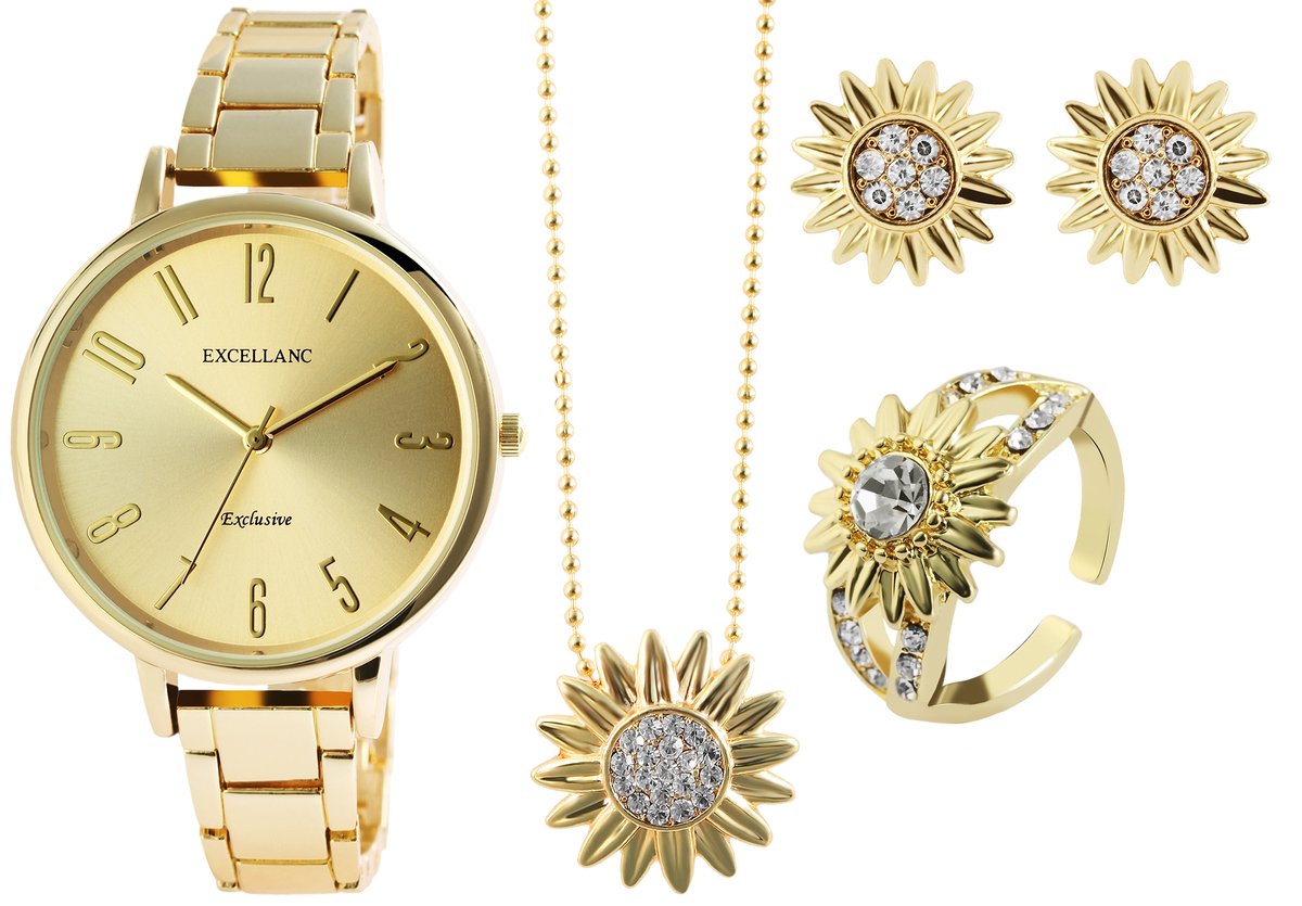 Excellanc dameshorloge geschenkset goudkleurig cadeauset ketting, ring, oorbellen kerstcadeau