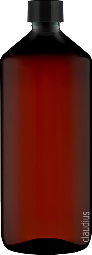 Lege Plastic Fles Apothekersfles 1 liter PET Amber bruin - met zwarte dop - set van 10 Stuks - Navulbaar - Leeg