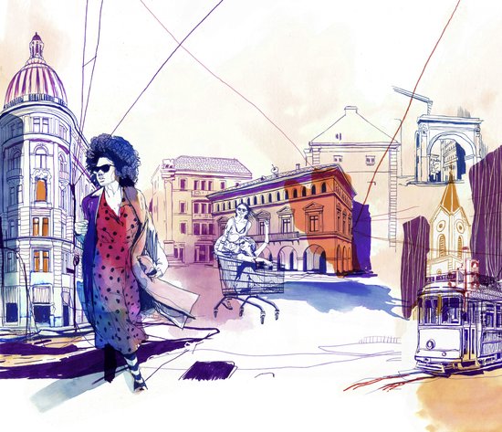 Dessin aquarelle d'une femme portant des lunettes de soleil sur une place de ville, avec un chariot et un tramway.