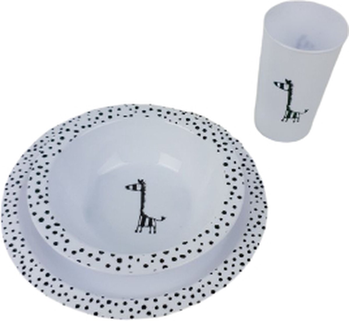 Goedkoopste Ontbijt set - Bord - Beker - Schaaltje - Kommetje - Giraffe - Zwart / Wit - Kunststof