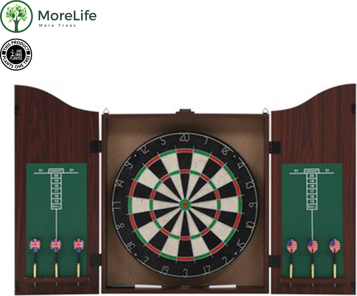 MoreLife Dartbord professioneel met kast en 6 darts - Darts Board met pijlen en kast - Darts bord met bescherming - Volledige Dartsbord set - Profesioneel Dartsboard