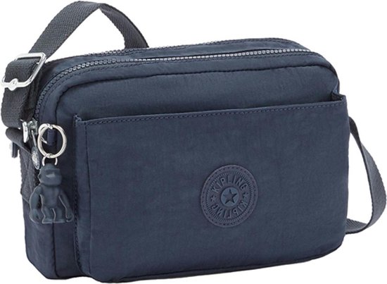 Donkerblauwe Kipling schoudertas met voorvak, Kipling logo en aapje als sleutelhanger.