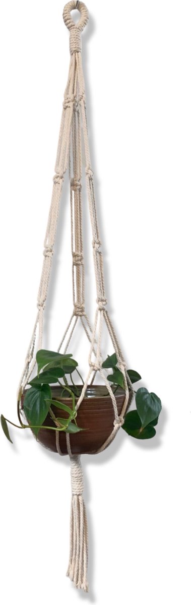 Knoopies Plantenhanger 'Bohemian' Wit 125 cm Katoen Macramé Handgemaakt in Nederland- Let op: Excl. Pot Gratis Verzending