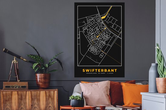 Stickers muraux - Swifterbant - Black and Gold et Or - Plan de la ville - Plan d'étage - Carte - 80x120 cm - Feuille adhésive