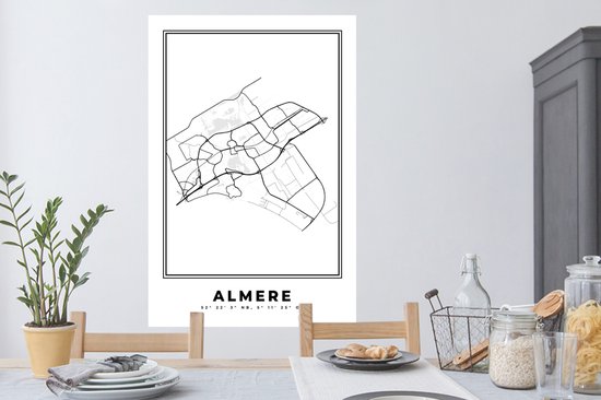 Stickers muraux - Plan de la ville - Zwart Wit - Carte - Almere - Pays- Nederland - Carte - 80x120 cm - Feuille adhésive