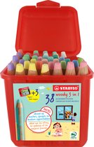 STABILO woody 3in1 Pastel - crayons de couleur - boîte réutilisable de 38 pièces et 3 maxi taille-crayons