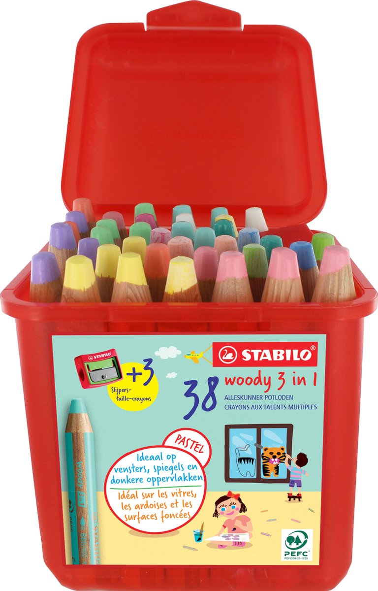 STABILO woody 3in1 Pastel - kleurpotloden - herbruikbaar doos met 38 stuks en 3 maxi potloodslijpers