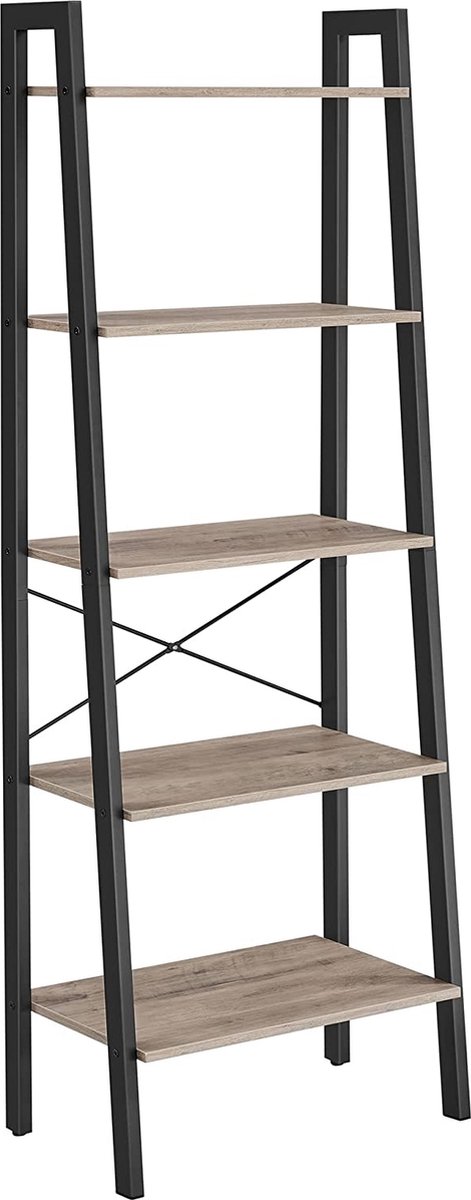 FURNIBELLA - Staande plank, boekenkast met 5 legplanken, met metalen frame, eenvoudige montage, voor woonkamer, slaapkamer, keuken, 56 x 34 x 172 cm (L x B x H), grijs-zwart LLS045B02