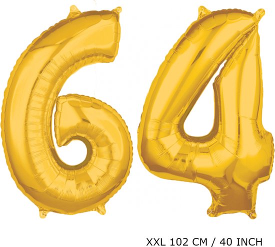 Mega grote XXL gouden folie ballon cijfer 64 jaar.  leeftijd verjaardag 64 jaar. 102 cm 40 inch. Met rietje om ballonnen mee op te blazen.