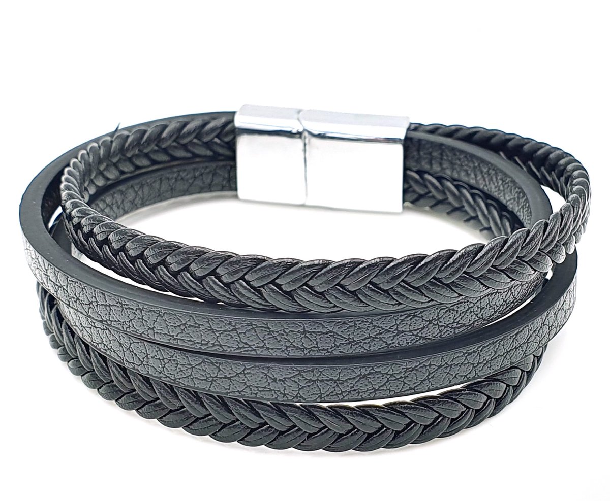 Herenarmband zwart met kunstleer strookjes en metalen magneetsluiting - 20 cm