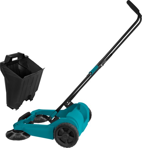 Turquoise veegmachine met zwarte borstels, wielen en apart reservoir.