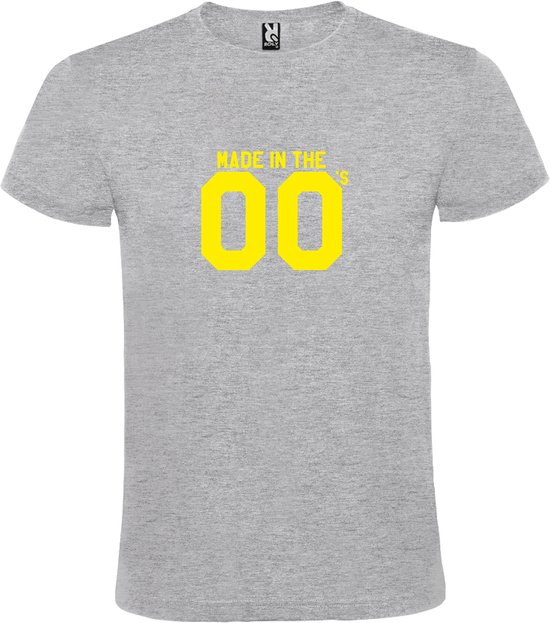 Grijs T shirt met print van " Made in the Zero's / dubbel 00 " print Neon Geel size S