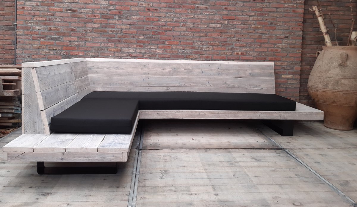 Hoekloungebank Fancy met zwarte stalen poten -steigerhout - tuinbank - hoekbank