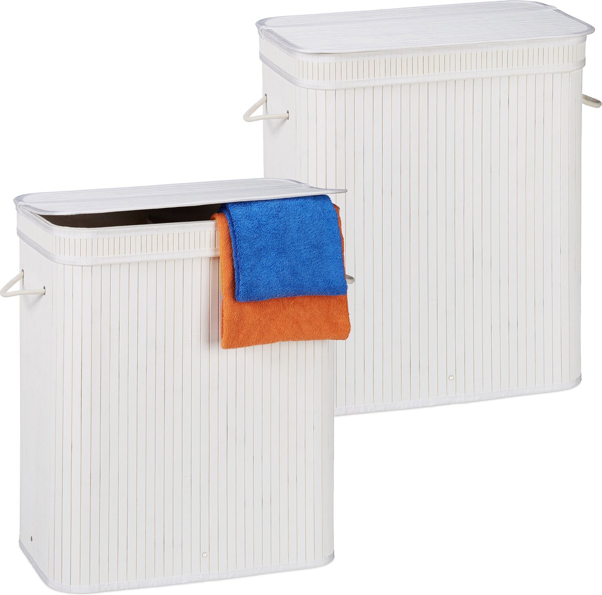 2x wasmand met deksel - 2 vakken - bamboe wasbox - mand voor wasgoed - wit