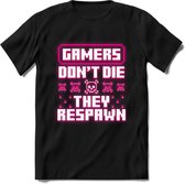 Gamers don't die pixel T-shirt | Neon Roze | Gaming kleding | Grappig game verjaardag cadeau shirt Heren – Dames – Unisex | - Zwart - S