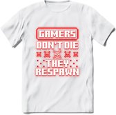 Gamers don't die pixel T-shirt | Neon Rood | Gaming kleding | Grappig game verjaardag cadeau shirt Heren – Dames – Unisex | - Wit - S