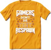 Gamers don't die T-shirt | Paars | Gaming kleding | Grappig game verjaardag cadeau shirt Heren – Dames – Unisex | - Geel - XL