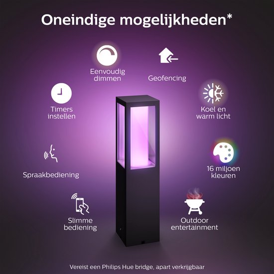Zwarte staande buitenlamp met paars licht, omringd door iconen voor instelbare timers, spraakbediening, dimmen en kleuren.