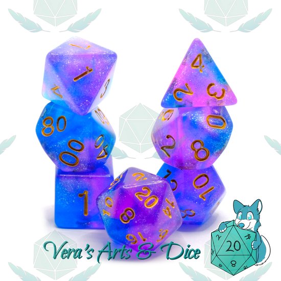 Sun Rays in Space - Polyset Dice | Polydice | Oranje Zwart Glitters en Goud | Dobbelstenen Set Van 7 Stuks| Voor D&D en Andere Rollenspellen | Plastic Dobbelstenen Set voor Dungeons