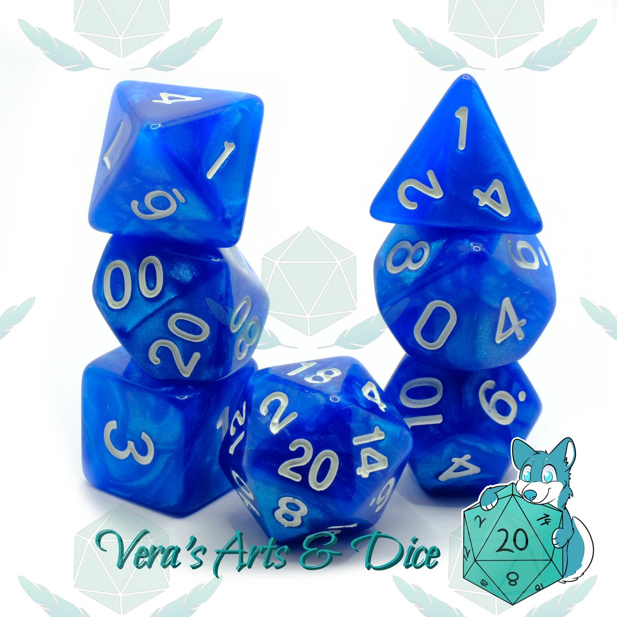 Polyset Dice | Dobbelstenen - Set Van 7 Stuks - Blauw Marmer Parelmoer Wit | Voor D&D en Andere Rollenspellen | Plastic Dobbelstenen Set voor Dungeons and Dragons | Polyhedral Dice Set | Met Mooie Zwarte Velvet Dice Bag voor Ongeveer 3 Sets