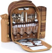 CampFeuer Picknickrugzak voor 4 personen (bruin) | Picknickset 32-delig | incl. flessenhouder en fleece deken, groot koelvak, servies en bestek