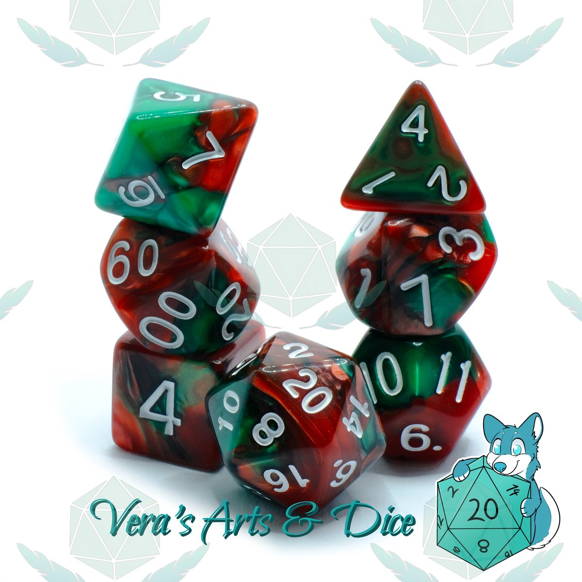 Polyset Dice | Dobbelstenen - Set Van 7 Stuks - Rood Groen Marmer Parelmoer Wit | Voor D&D en Andere Rollenspellen | Plastic Dobbelstenen Set voor Dungeons and Dragons | Polyhedral Dice Set | Met Mooie Zwarte Velvet Dice Bag voor Ongeveer 3 Sets