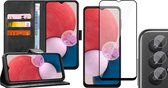 Samsung Galaxy A13 4G Hoesje - Book Case Leer Wallet Cover Portemonnee Pasjeshouder Hoes Zwart - Full Tempered Glass Screenprotector - Camera Lens Protector