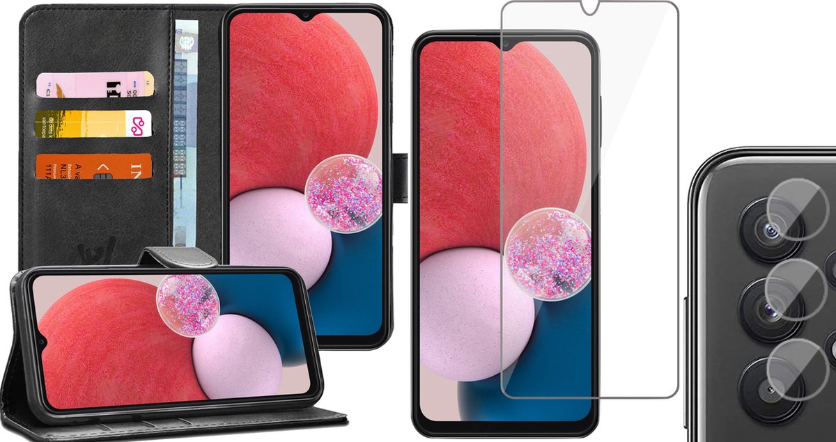 Hoesje geschikt voor Samsung Galaxy A13 4G - Book Case Kunstleer Wallet Cover Portemonnee Pasjeshouder Hoes Zwart - Tempered Glass Screenprotector - Camera Lens Protector