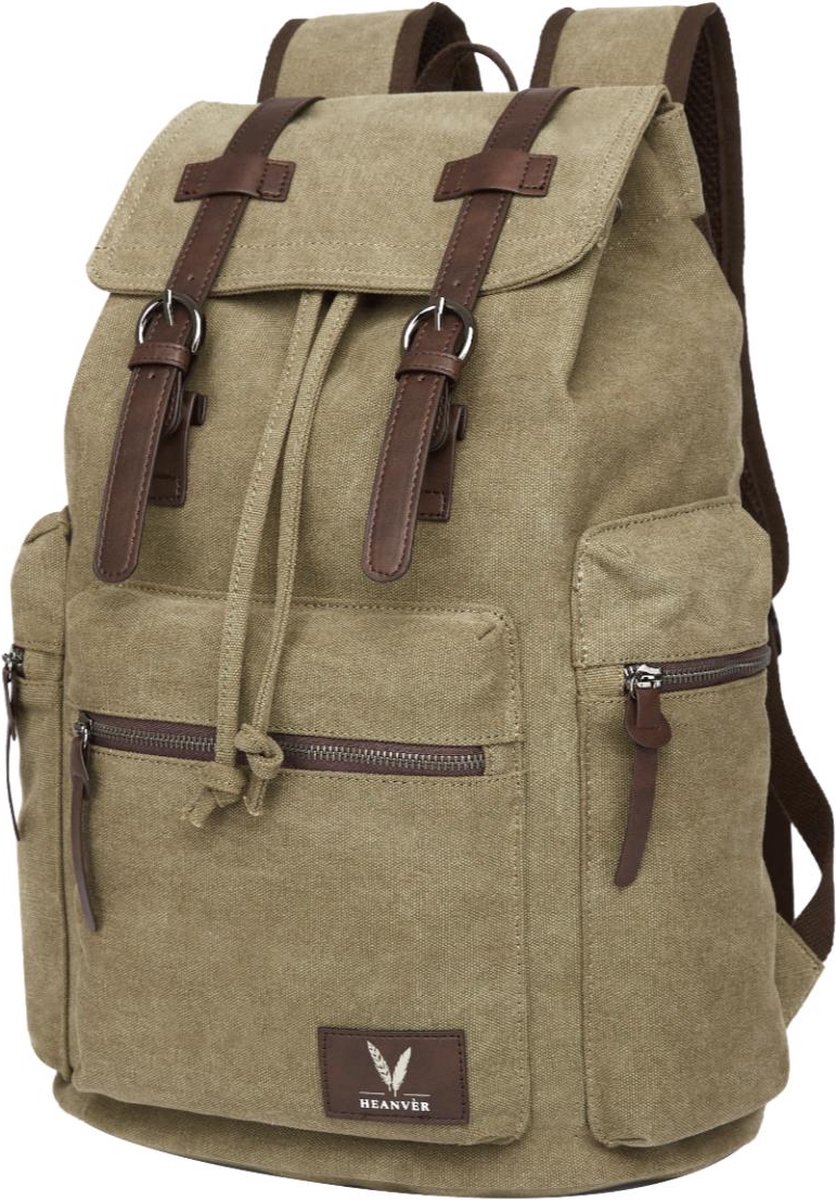 HEANVER Vintage Canvas Rugzak - Waterdichte Rugtas 27L - 15,6 inch laptop tas - Groen