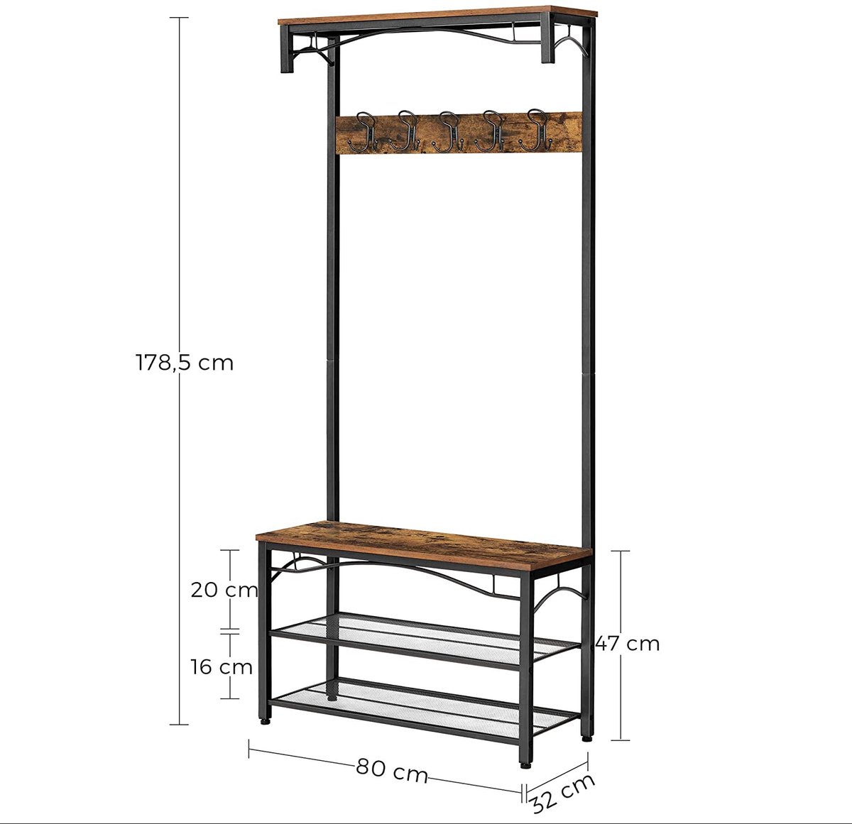 Garderobe Kapstok - Staande Kapstok met schoenenrek - Schoenen - Hout en Metaal - Industrieel - Vintage - Kledingrek - Schoenenrek - Zitbank - Donkerbruin - HSR45BX – foto 7