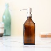 Distributeur de savon Growth herb® autoportant | Verre ambré rectangulaire 250 ml | Tête de pompe en acier inoxydable | Distributeur de savon argent