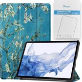 Case2go - Tablet hoes & Screenprotector geschikt voor Samsung Galaxy Tab S8 - 11 Inch - Auto Wake/Sleep functie - Witte Bloesem