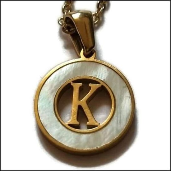 Aramat jewels -ketting-letter k- chirurgisch staal -schelp- wit - goudkleurig-45cm - dames- rond