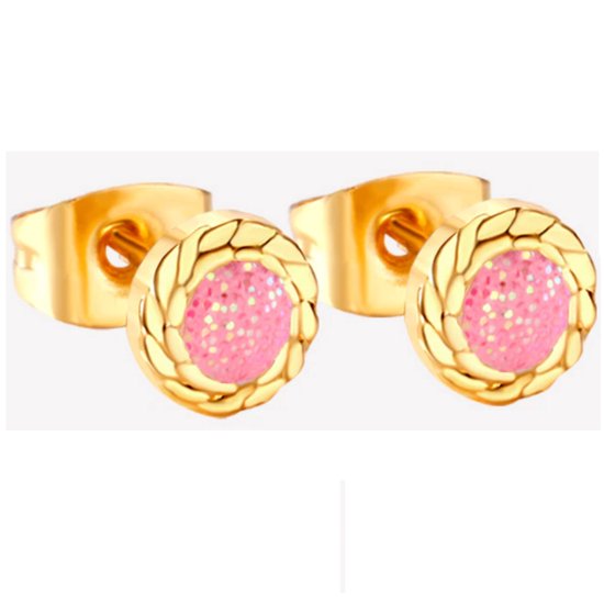 Glitter Oorbellen roze goud staal 6mm - Aramat Jewels® - Oorstekers - Roze Glitter - Goudkleurig - RVS - 6mm - Chic - Trendy - Perfect Cadeau