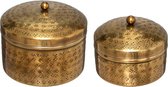 Goudkleurige potjes set 2 stuks werkt metaal D. 13 x H. 10,5 cm | bakjes kleur goud met deksel Goudkleurige potjes set 2 stuks werkt metaal D. 13 x H. 10,5 cm | bakjes kleur goud met deksel