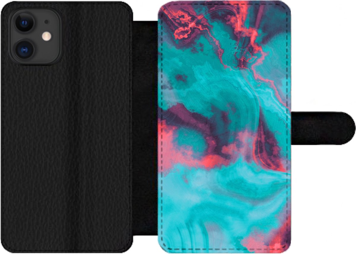 Telefoonhoesje Geschikt voor iPhone 12 Pro telefoonhoesje - Abstract - Neon - Roze - Blauw - Met vakjes - Wallet case met magneetsluiting - Verjaardag cadeau tiener