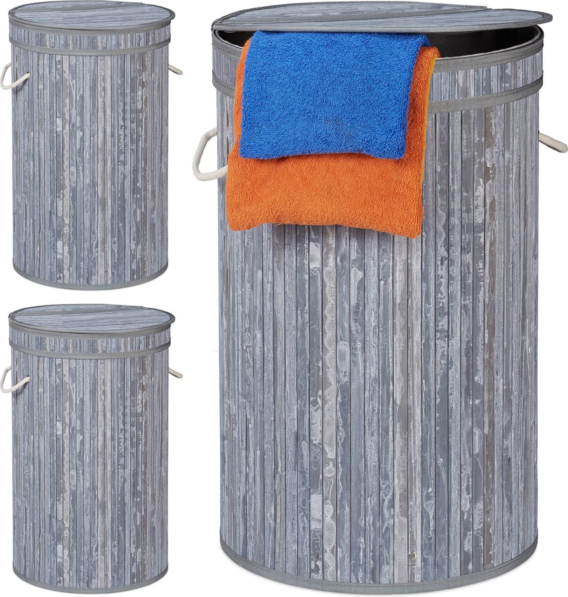 Goedkoopste 3x wasmand bamboe - ronde wasbox met deksel - 63 x 40 cm - 65 liter - grijs