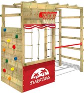 WICKEY klimtoestel outdoor speeltoestel Smart Action met rood zeil, speeltoestel met klimwand, basketbalring & speelaccessoires voor kinderen in de tuin van hout