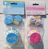 48 gender reveal cupcake bakjes en prikkers - geboorte - baby - zwanger - genderreveal - babyshower