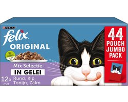 Felix Mix Selectie in Gelei Kattenvoer, Natvoer maaltijdzakjes met Rund, Kip, Zalm & Tonijn, 44 x 85g (44 maaltijdzakjes; 3,7kg)