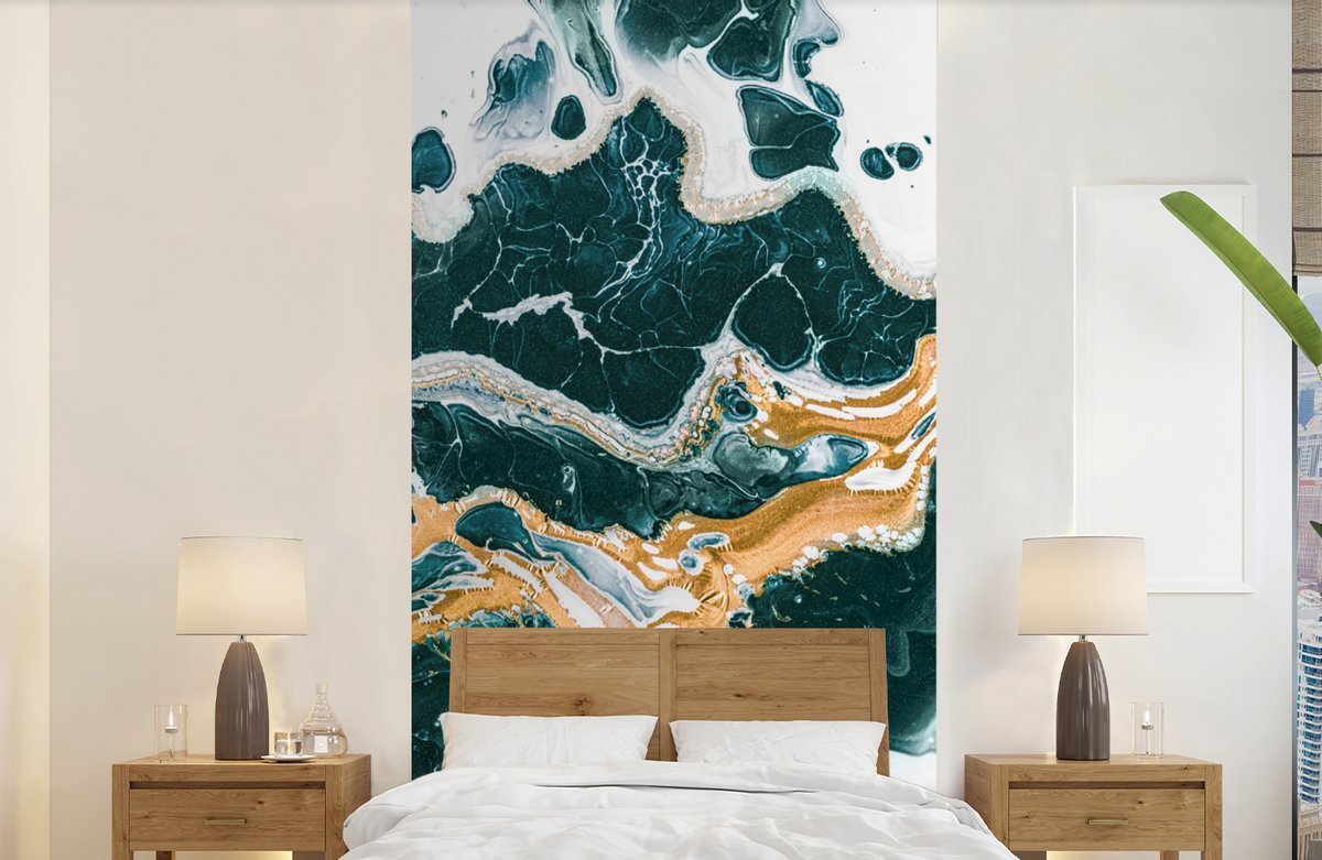 Behang - Fotobehang Marmer - Aqua - Goud - Breedte 120 cm x hoogte 240 cm