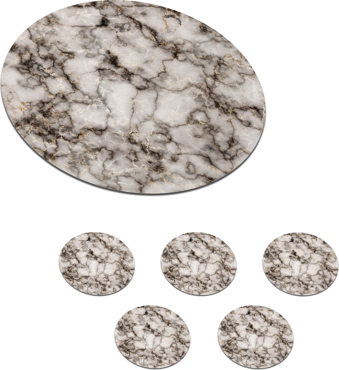 Onderzetters voor glazen - Rond - Marmer - Wit - Gouden - 10x10 cm - Glasonderzetters - 6 stuks