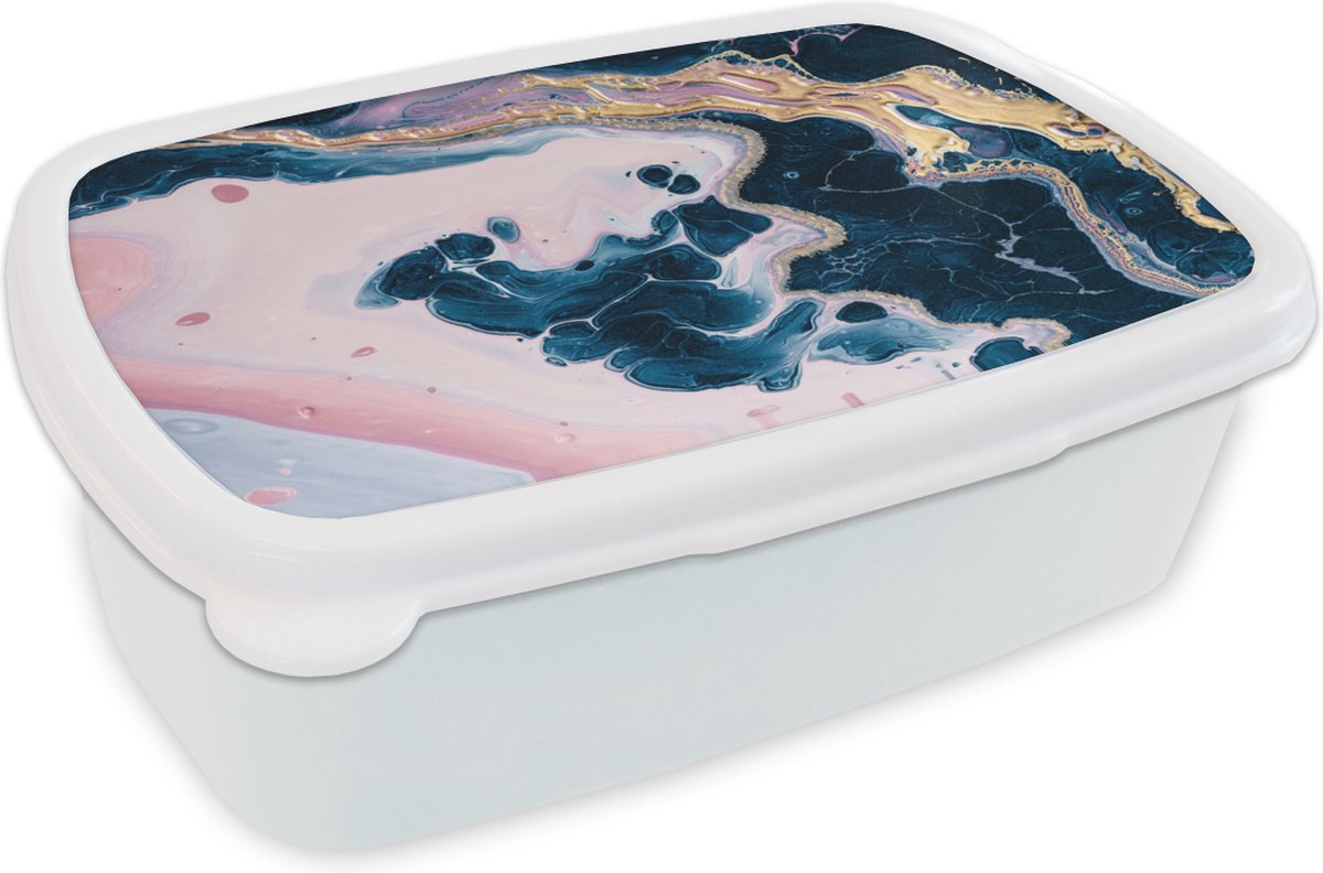 Broodtrommel Wit - Lunchbox - Brooddoos - Marmer - Roze - Goud - 18x12x6 cm - Volwassenen