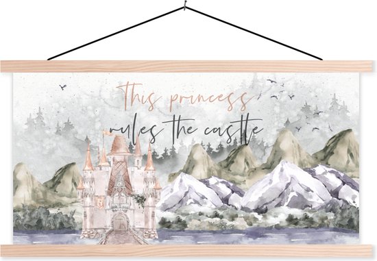 Posterhanger incl. Poster - Schoolplaat - Quotes - Spreuken - This princess rules the castle - Kids - Baby - Meiden - 150x75 cm - Blanke latten